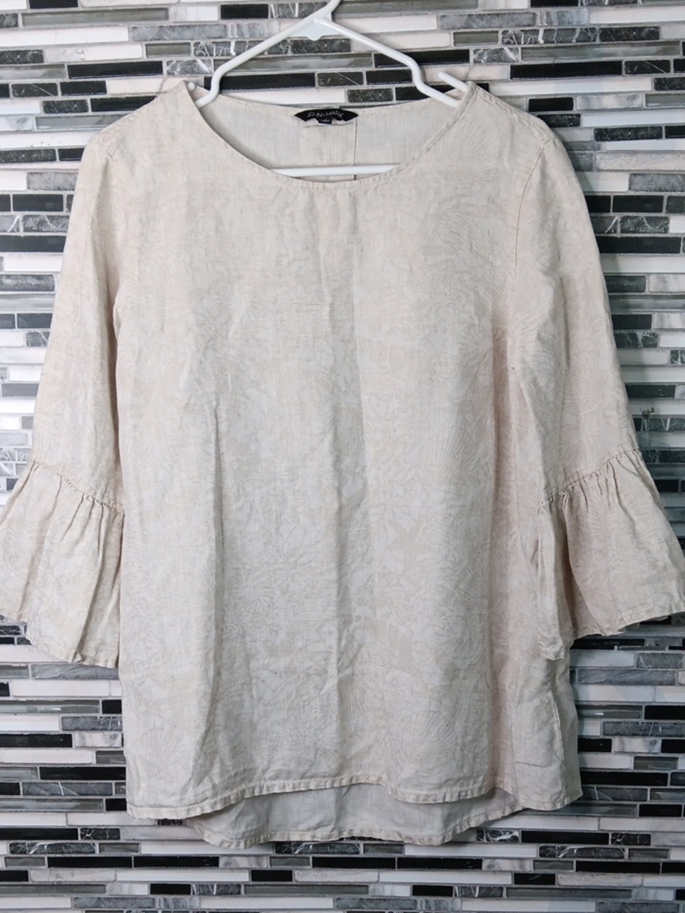 John Mark Size Small Babydoll Bell Sleeve 100% Linen Beige & Gold Shimmer